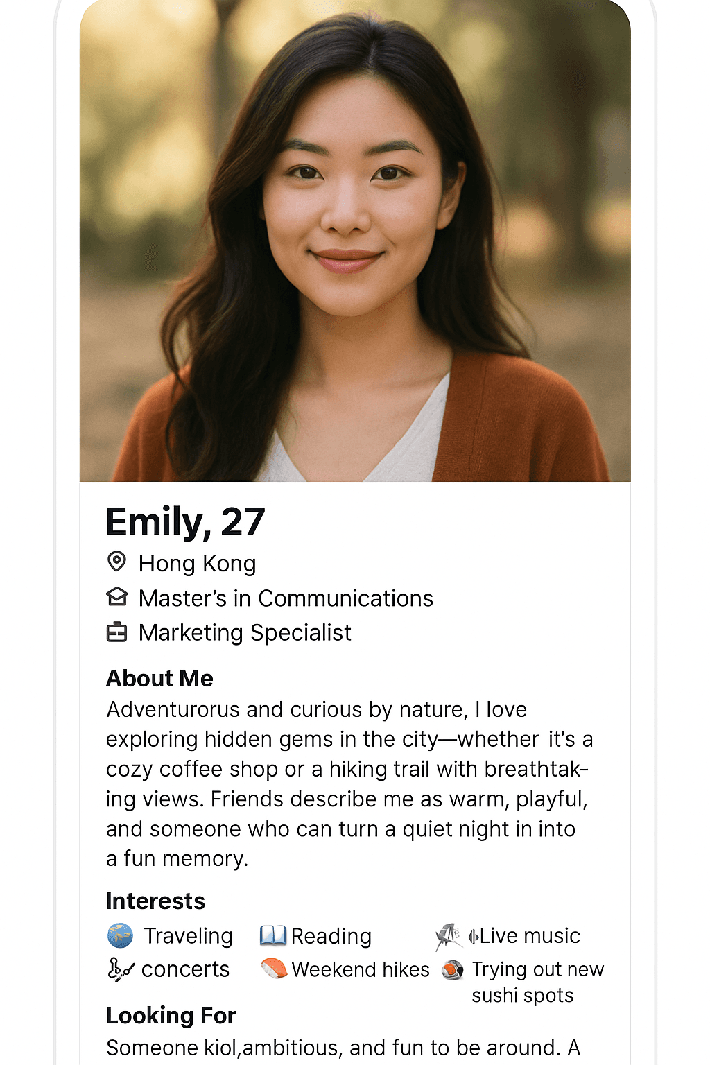 Woman dating app profile